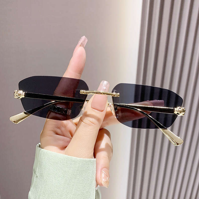 Designer New Metal Cut Edge Rimless Polygonal Cheetah Decorative Fashion Ins Sunglasses