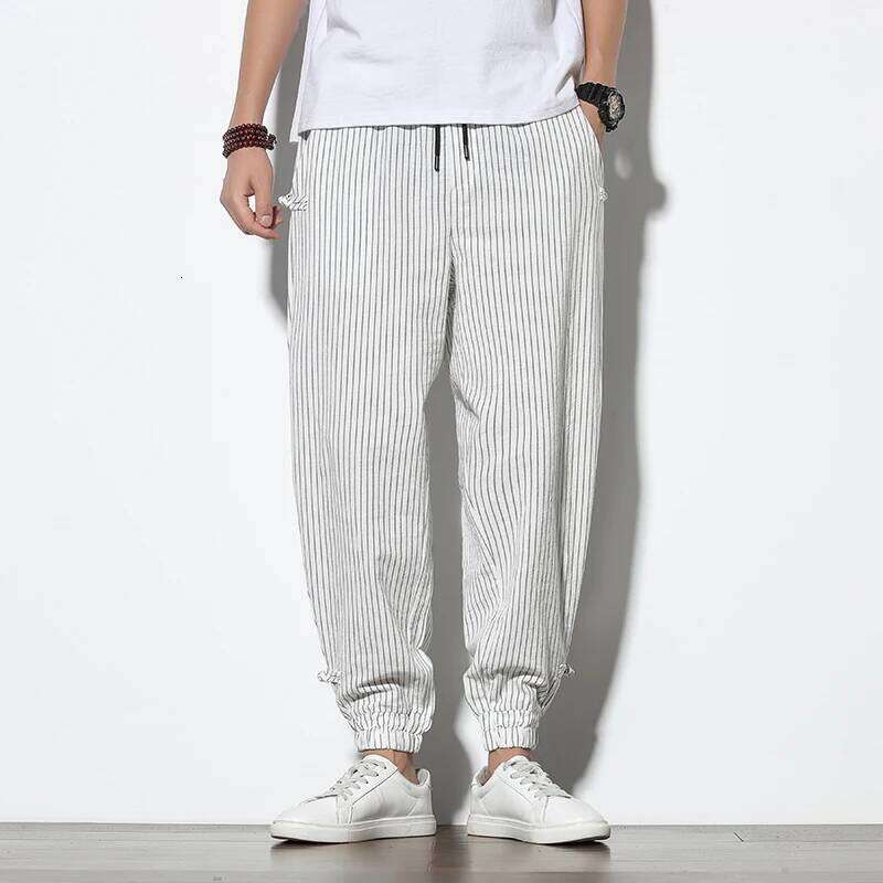 Spring Summer Disc Striped Harem Mens Breathable Cotton Linen Pencil Pants Buckle Casual Bloomers Fashion Trousers