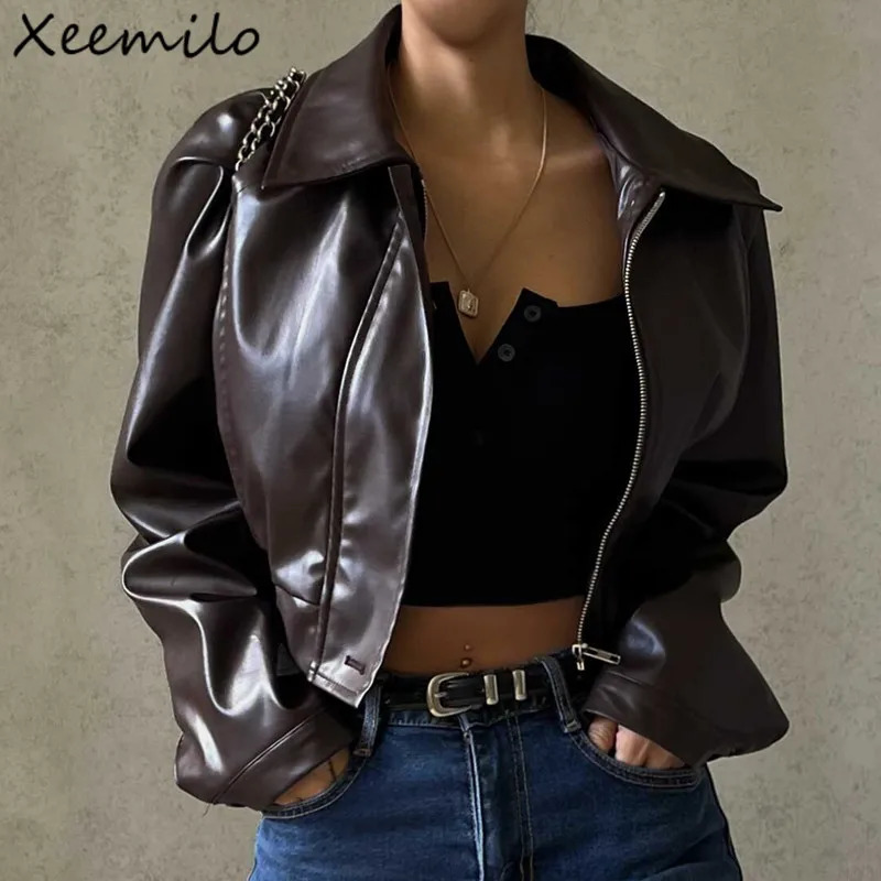 WhereMery PU Faux Leather Jacket Aesthetic Fashion Streetwear Turndown Collar Coat Women Autumn Casual Simple Long Sleeve Coats 250815