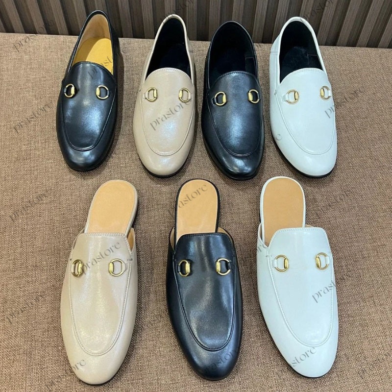 Designer slides mules slipper real leather slippers luxury women men leather loafer sandals canvas flat loafers