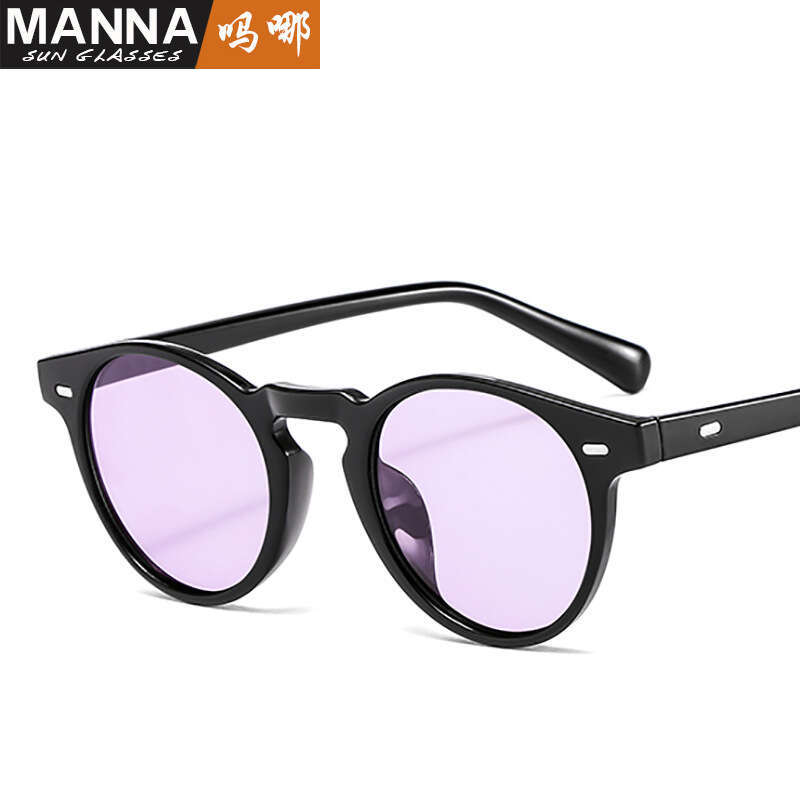 Designer Small Round Frame Rice Ding Style Sunglasses for Men with Metal Hinges, Glossy Black Ocean Lens Glasses