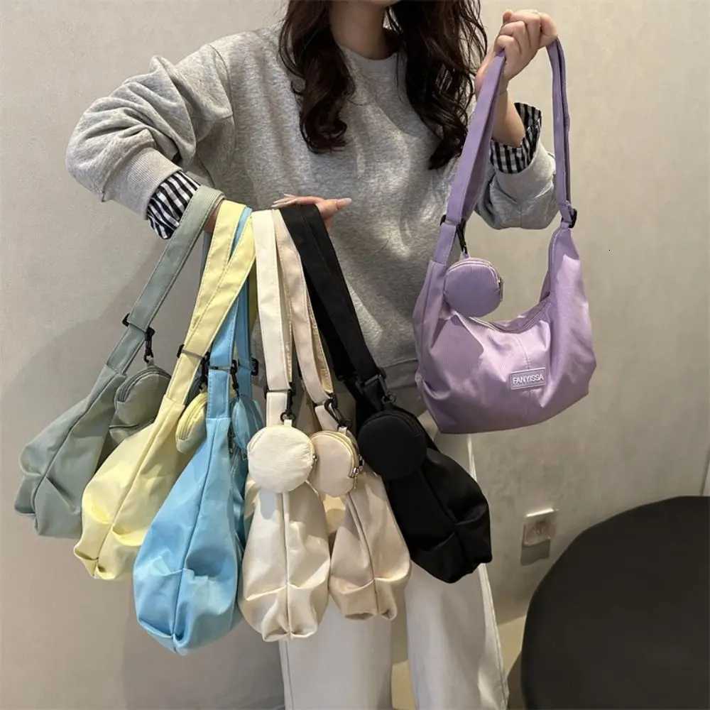 Korean Style Lightweight Shoulder Bag Large Capacity Solid Color Canvas Bag with Coin Purse Handbag Cream Color Y250819