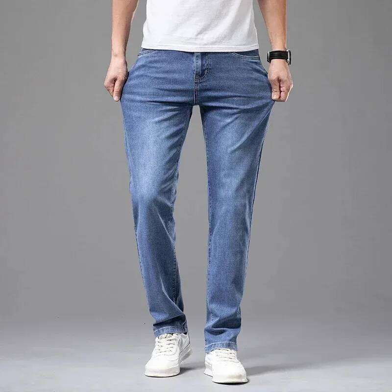 Summer Elastic Men's Jeans Fashion Gray Comfortable Business Straight Stretch Cotton Casual Denim Pants Brand Male Thin Trousers
