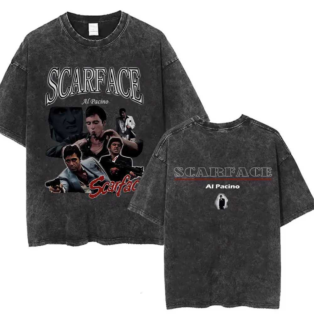 90s Classic Gangsters Movie Scarface Double Sided Print T-shirts Tony Montana Al Pacino Vintage Washed Tshirt Men Rock T Shirts Y250819