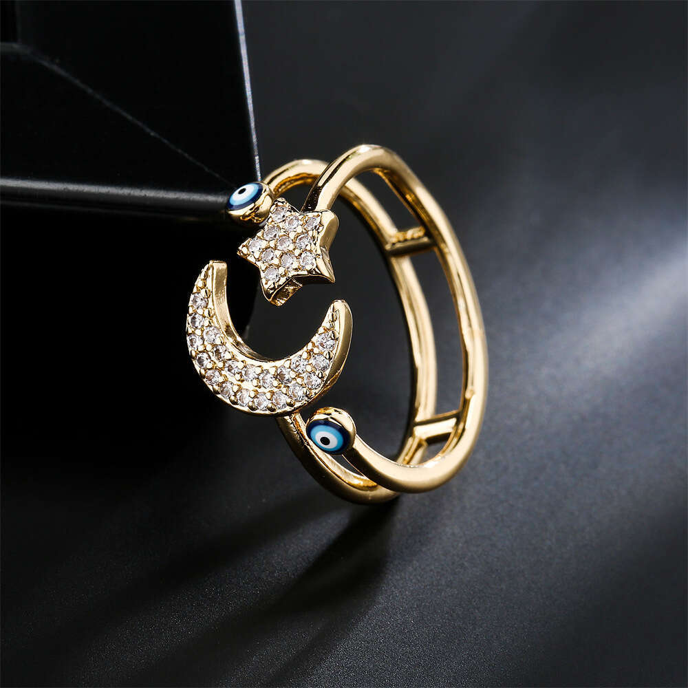 Fashion Designer Star and Moon Design Geometric Open Ring Oil Drop Demon Eye Jewelry
