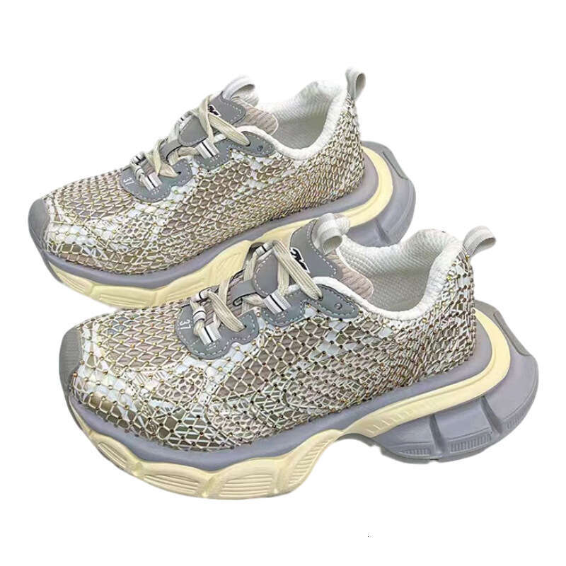 2025 Summer New Fashion Show Style Fishnet Rhinestone Couple Dad Shoes Genuine Leather Color Block Casual Sneakers for Women