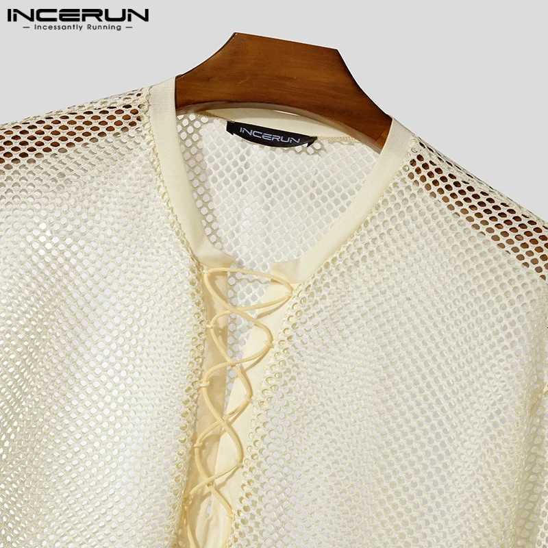 Mesh Men T-Shirts Fashion Hollow Out Tops Short SLeeve Top Tee Solid Color Lace-up Mens Clothing Streetwear Oversize Y250819