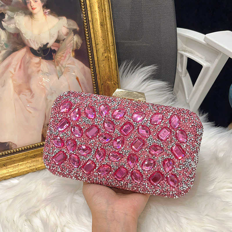 Pink Sweet Socialite Shiny Diamond-Encrusted Pink Crystal Box Color Clutch Versatile Crossbody Bag Evening Bag