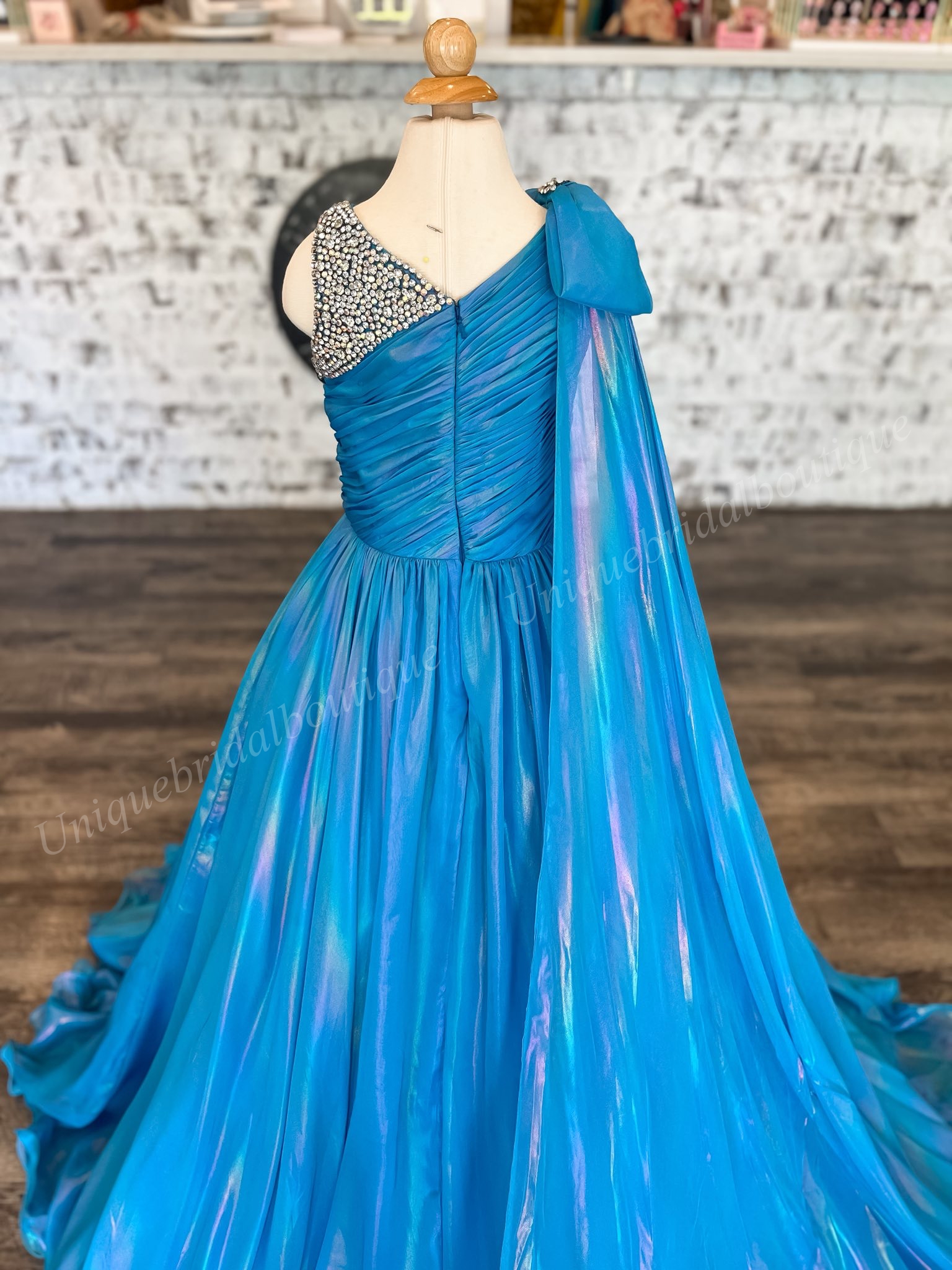 Turquoise Girl Mini Pageant Queen Dress Beaded Bow Iridescent Chiffon Long Little Kid Birthday Portrait Cocktail Party Gown Teen Miss On-Stage Appeara