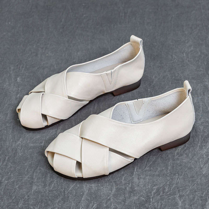 Top Layer Cowhide Heel Roman Sandals New Flat Sole Soft Surface Hollow Artistic Style Simple Handmade Women's Shoes