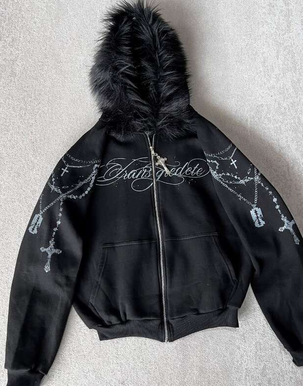 Autumn Winter Hoodie Loose Letter Print Zipper Sweatshirt Unisex Detachable Fur Collar High Street Dark Style B5