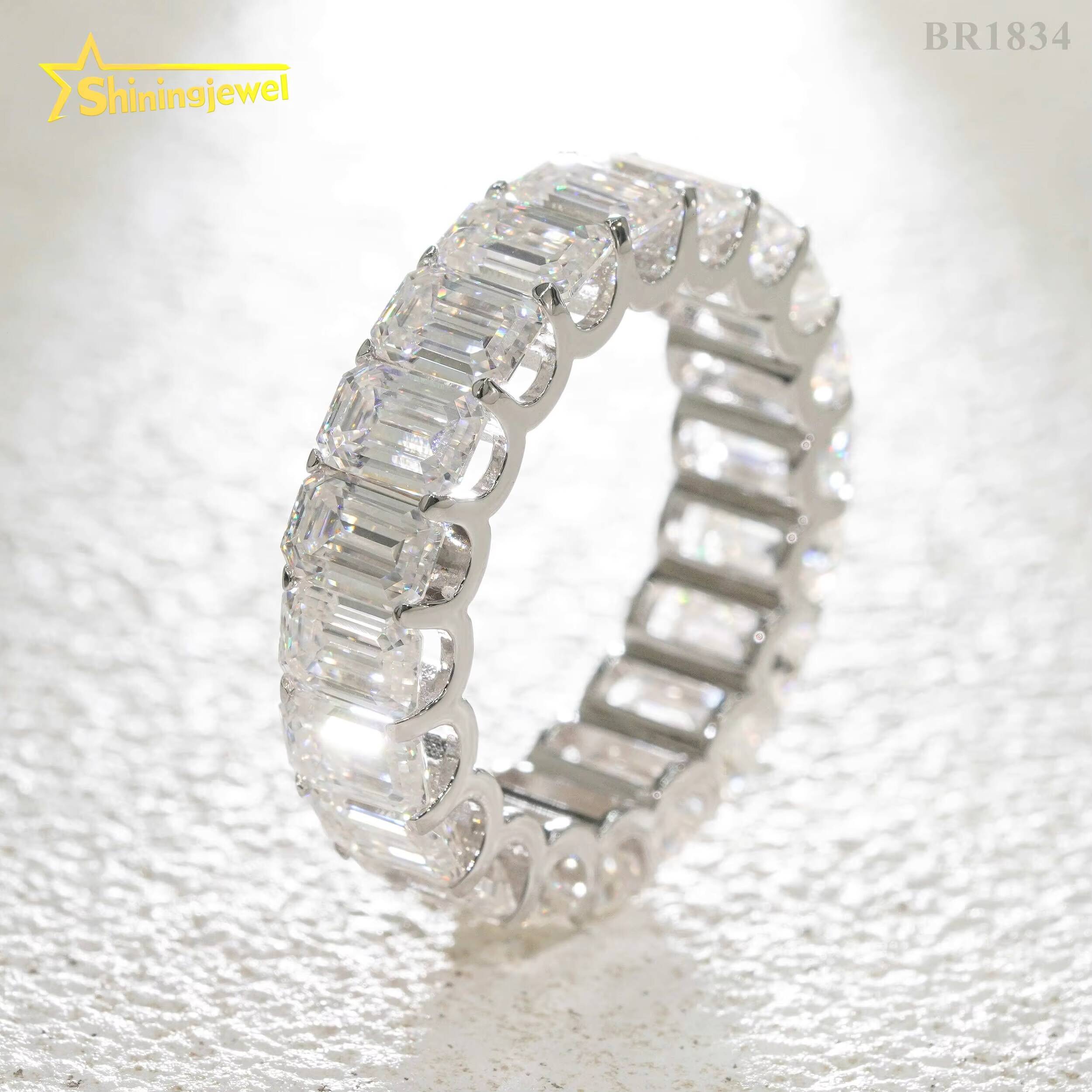 Classic Pass Tester Hip Hop Fine Jewelry 925 Sterling Silver Fully Iced Eternity Emerald Cut Band Ring Moissanite Iced Out Ring