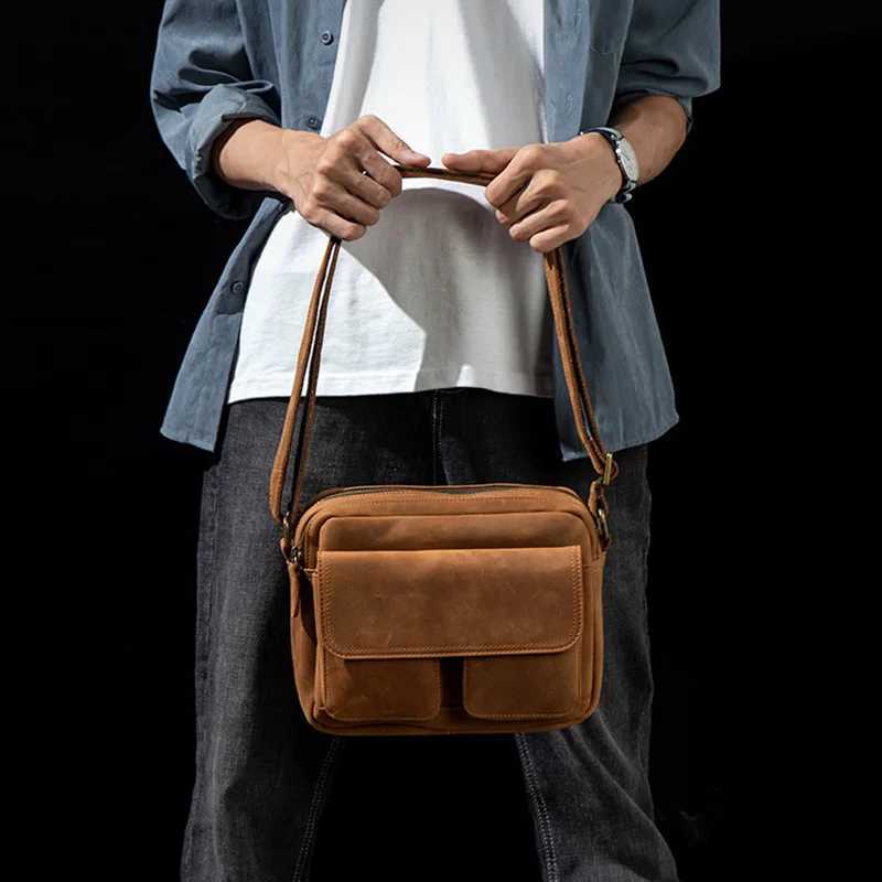 JLFGPJ Handmade Crazy Horse Leather Crossbody Small Backpack Mens Head Layer Cowhide Vintage Leisure Shoulder Messenger Bag Y250819