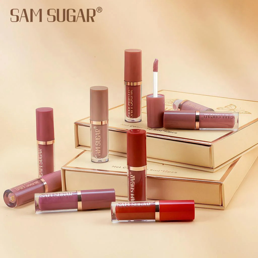 SAM SUGAR 12 Color Book Lip Gloss Set Matte Velvet Waterproof Non stick Cup Lipstick Makeup 250809