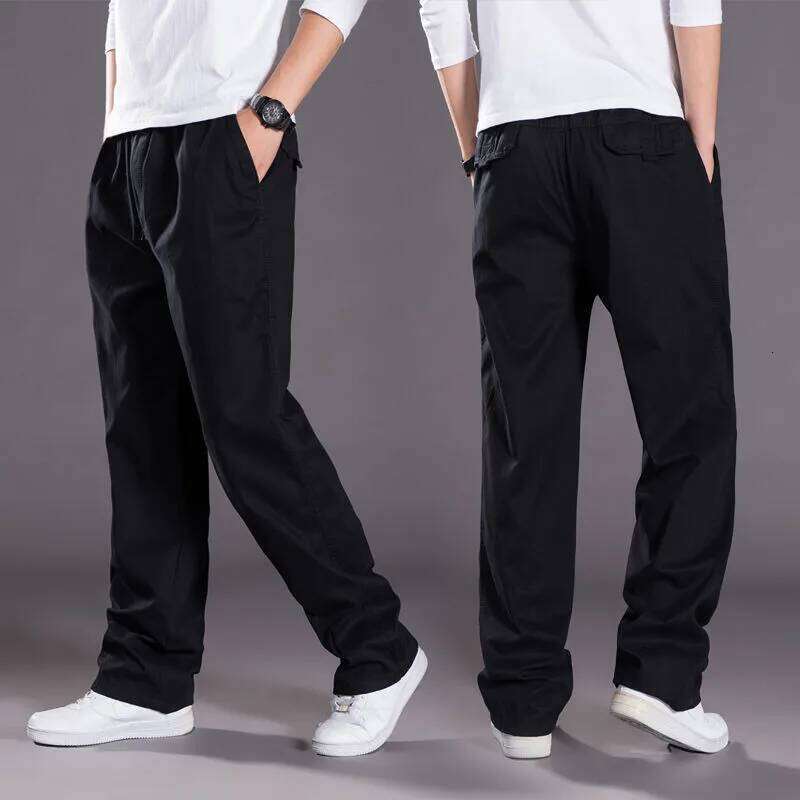 Men's Overalls Cotton Cargo Pants Casual Sports Sweatpants Stretch Waist Work Utility Dungarees Black Gym Jogger Trousers