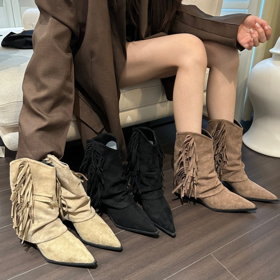 Real leather black grey pointed toe ankle for women 8 cm high heel fringe tassel short boots ladies bota feminina Y200115