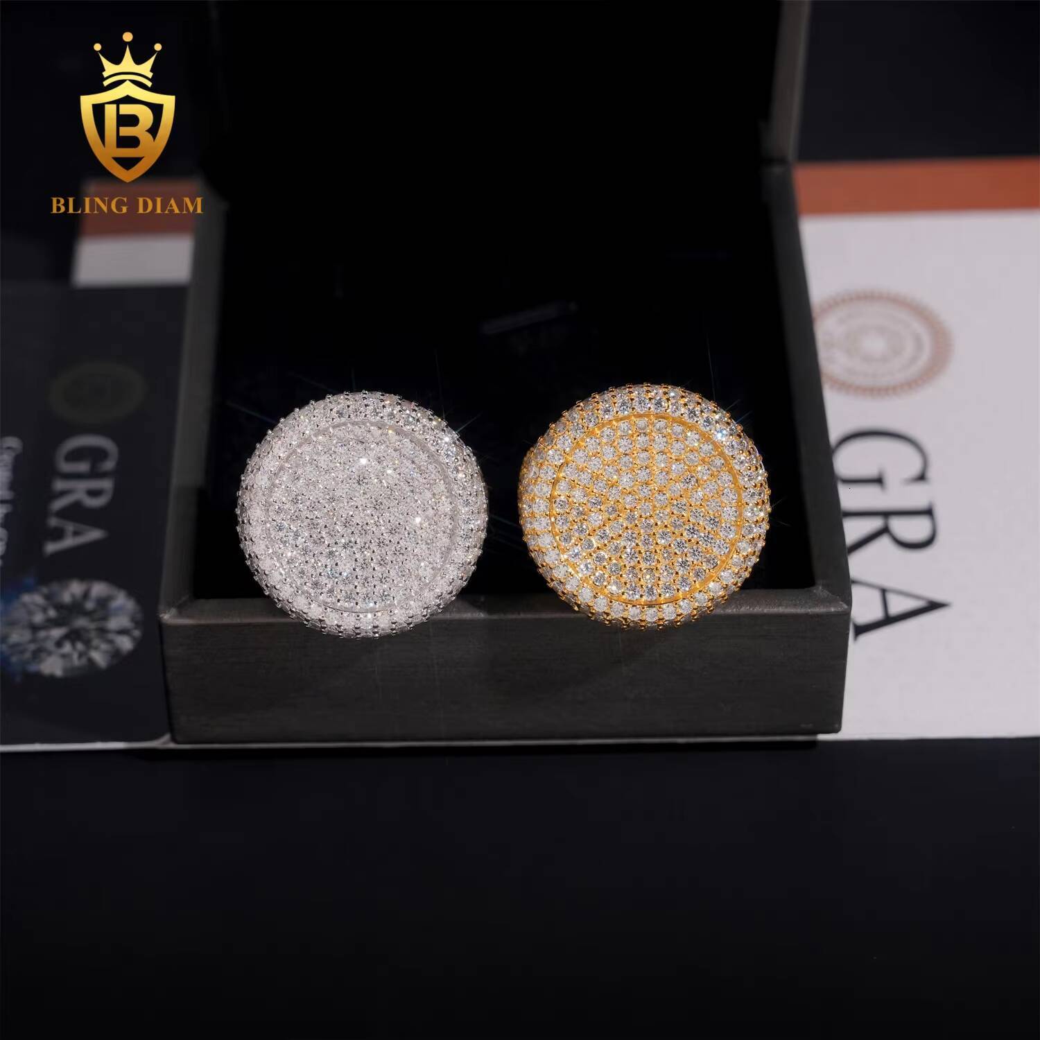 Hip Hop Jewelry S925 Sterling Silver Gold Plated Ice Out Vvs Moissanite Pass Diamond Tester Round Rings Trendy for Men