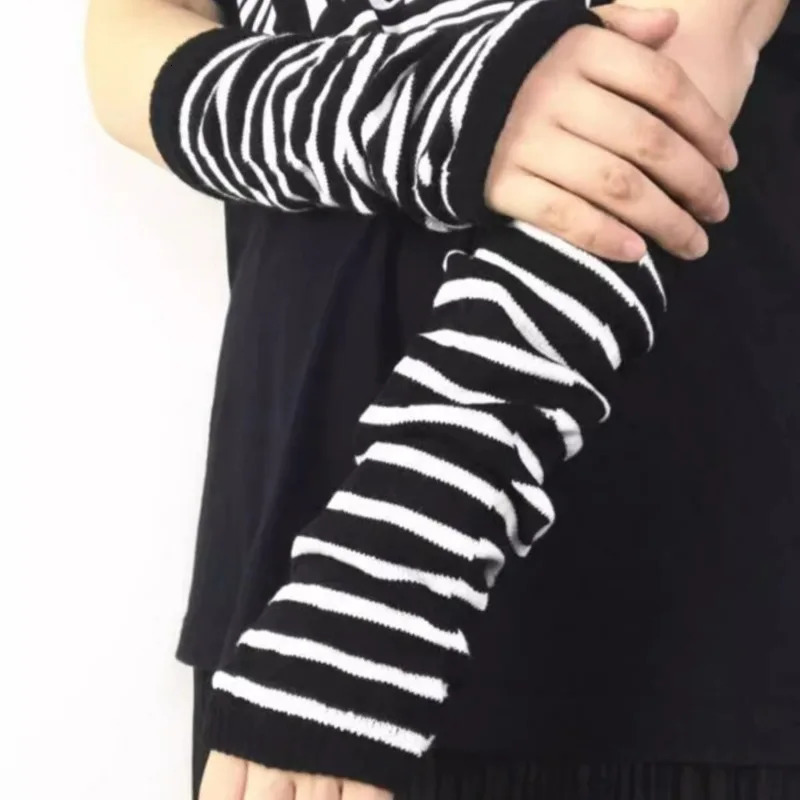 Punk Long Arm Gloves Adjustable Elastic Interval Stripe Fingerless Glove Protective Mittens Winter Nylon Cover Cool Sleeves 250811