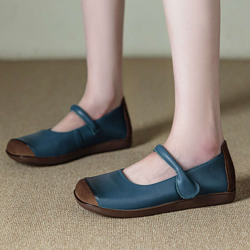 2025 Summer Autumn New Shallow Genuine Leather Mom Round Toe Flat Non-Slip Comfortable Mid-Age Women's Single Shoes