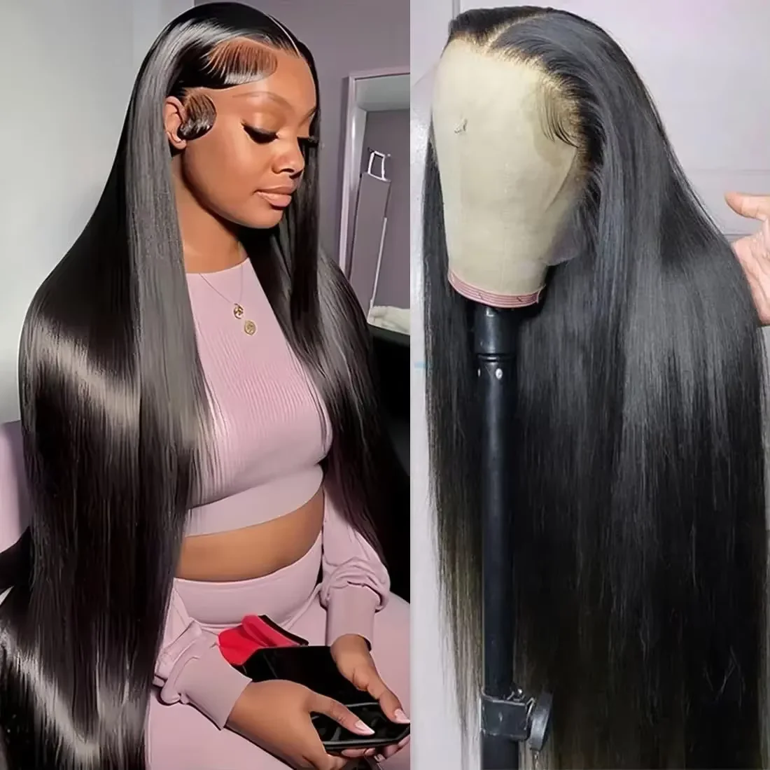 Wear and Go HD Lace Closure Wig 180% Density Hd Transparent Lace Straight Human Hair Wigs Pre-cut Lace Pre-Plucked Bleached Knots Ready to Wear 24 Inc