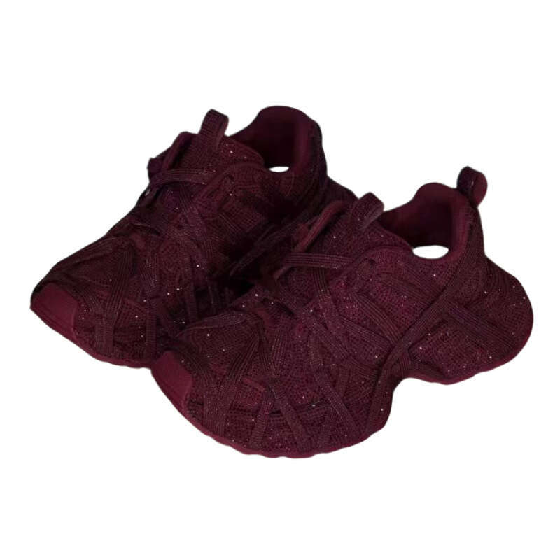 Paris Starry Sky Rhinestone Thick-Soled Dad for Women 3XL Lace-Up Style Ancora Red New Casual Trendy Breathable Shoes