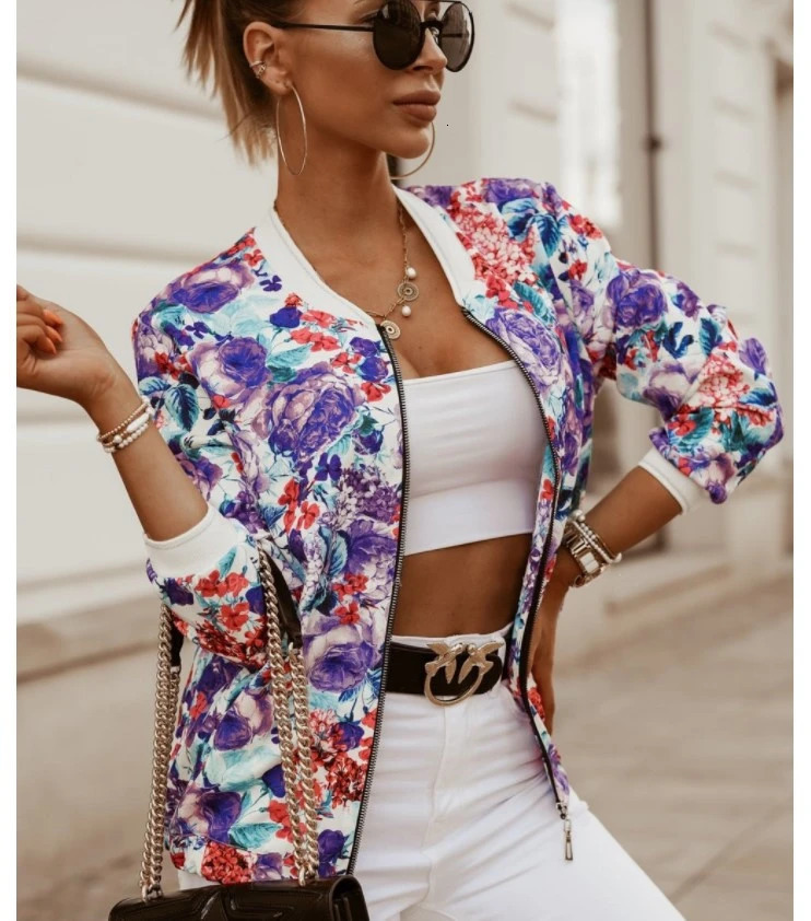 Casual Floral Printed Plus Size Bomber Jacket Autumn Elegant Zipper Coat Office Wear Slim Jackets Vintage Outwear 2024 250815