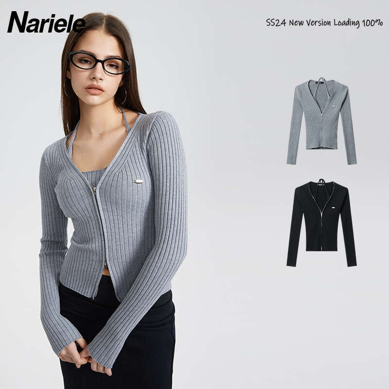 Heyhenry Autumn Style Hot Girl V-Neck Solid Color Fake Two-Piece Slim Halter Neck Long Sleeve Knitted Sweater For Women B5