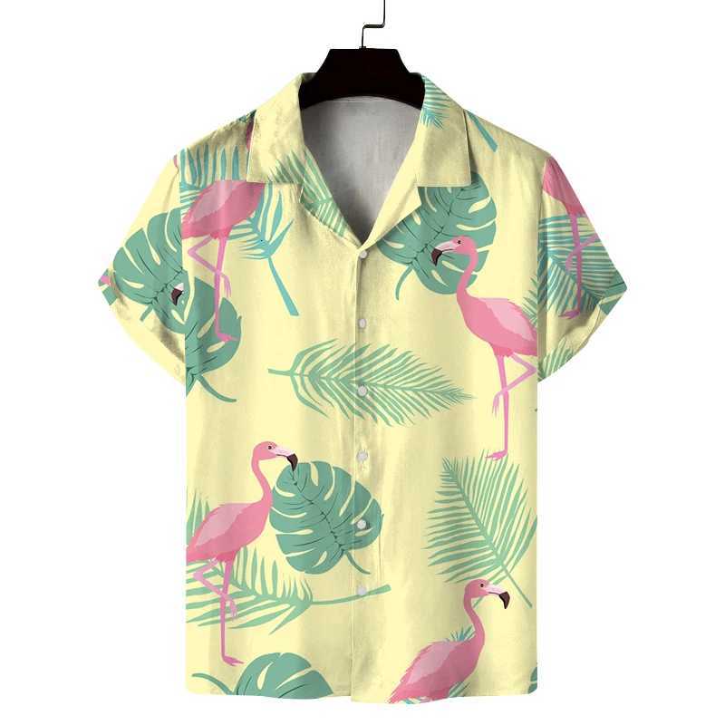 Mens summer Cuban collar short-sleeved shirt with summer style flamingo print mens shirt comfortable breathable and versatile Y250819