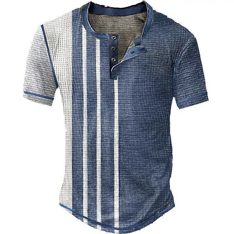 Striped Color Block 3D Printed Henley Shirts Mens Fashion Vintage Streetwear Button Short Sleeve T Shirt Tees Tops Man Clothing Y250819