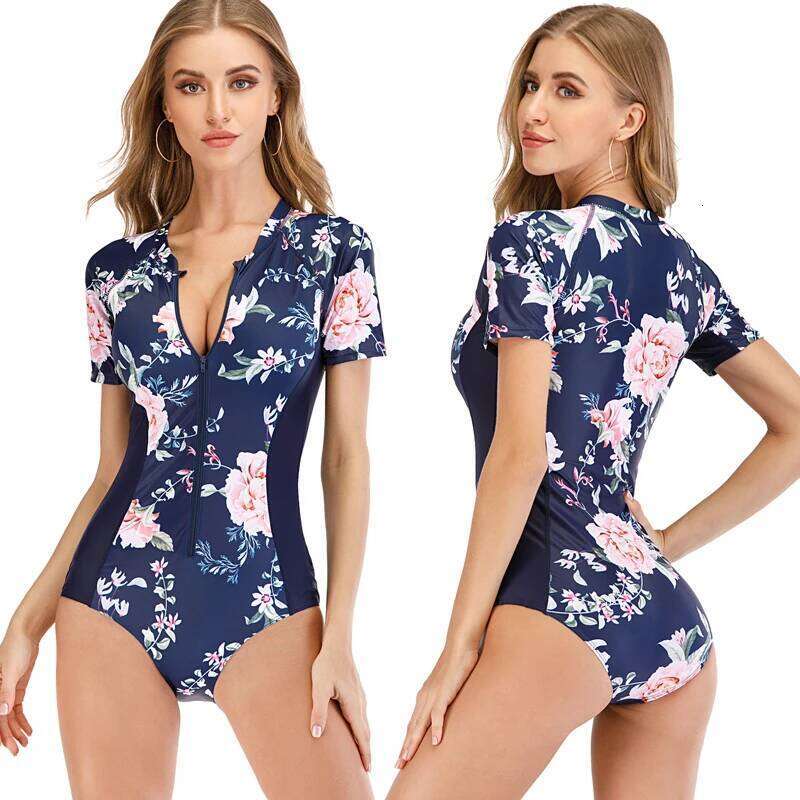 Women White Diving Short Sleeve Zipper Rashguard One-Piece Swimsuit Swimwear Surfing Top Rash Guard Sport Wear S-2Xl Upf50+