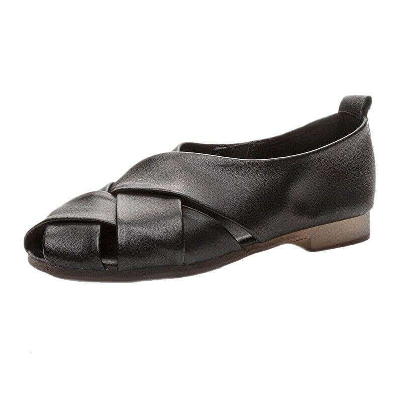 Top Layer Cowhide Heel Roman Sandals New Flat Sole Soft Surface Hollow Artistic Style Simple Handmade Women's Shoes