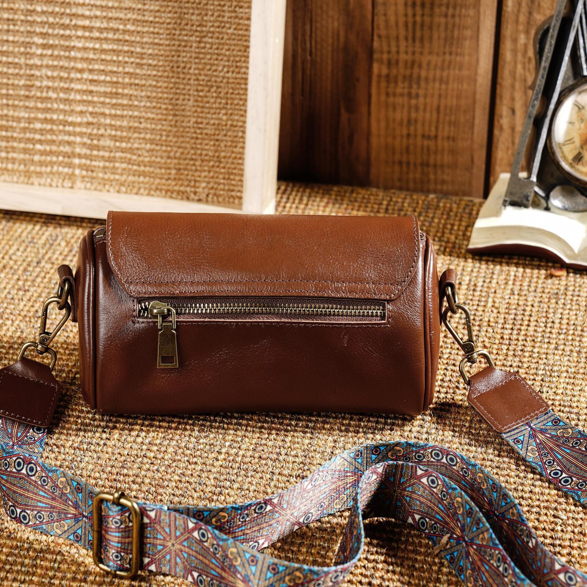 Free Shipping Designer Luxury Leather Women's Cylindrical Bag With Wide Shoulder Straps New Versatile Single Shoulder Crossbody Bag Cowhide Round