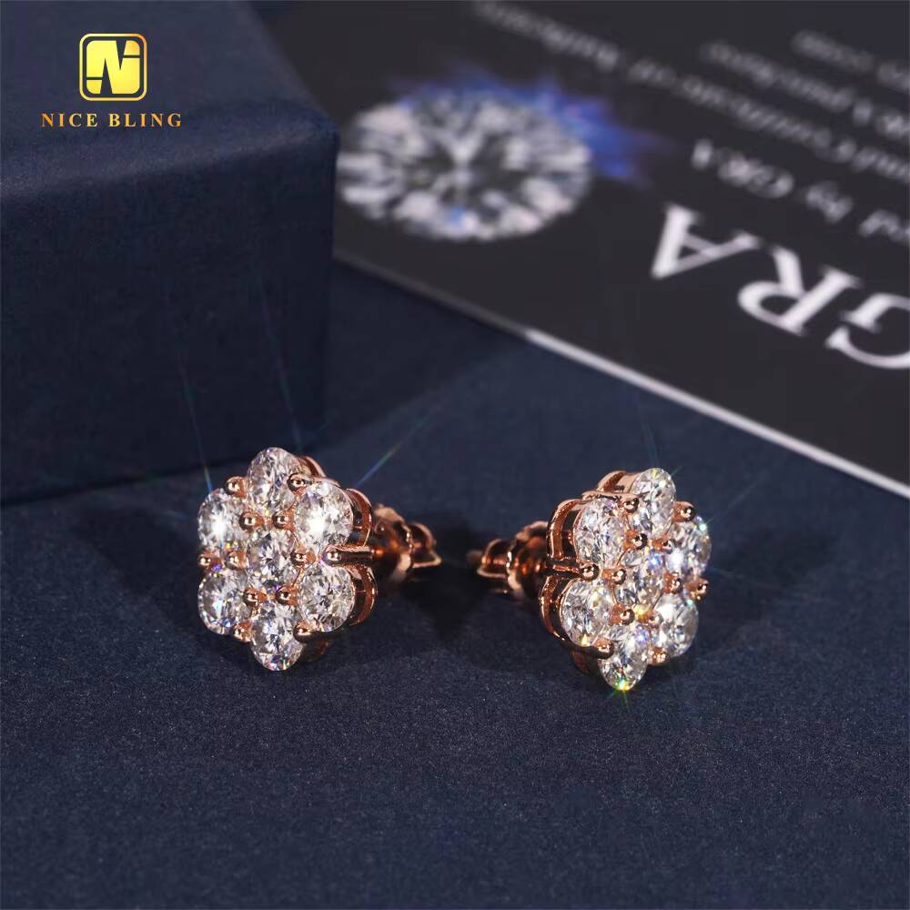 Pass Diamond Tester Cluster Screw Back Ear Studs 12mm Iced Out Hip Hop Jewelry 925 Silver VVS Moissanite Stud Earring for Women