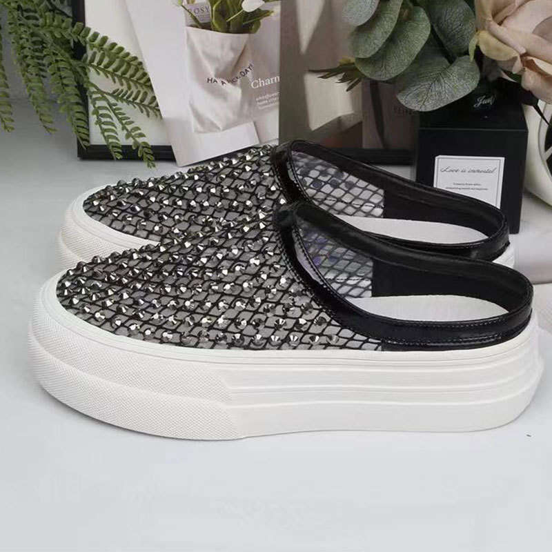 2025 New Summer Rhinestone Mesh Hollow Lazy Slip-On Sandals Outdoor Versatile Thick Sole Height-Increasing Half Slippers