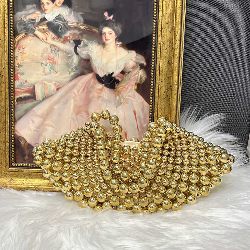 Golden High-End Niche Handbag Fan-Shaped Beaded Bag for Women Hot-Selling New Crossbody Handmade Hollow Evening Bag