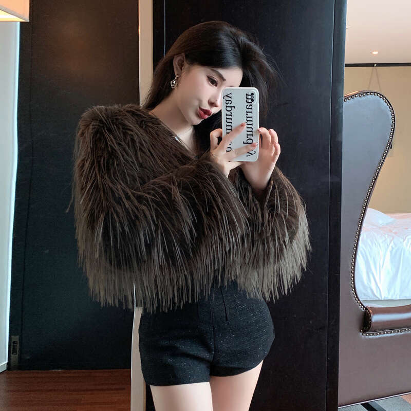 Casual Tassel Faux Fur Coat Clothes Female Patchwork Solid Scoop Neck High Street Long Sleeve Jacket Women Fur Feather New