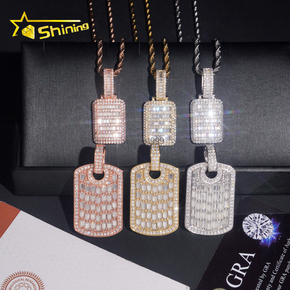 Iced Out Baguette Mossanite Tag Pendant 925 Sterling Silver VVS Moissanite Diamond Pendant Fine Jewelry Ready to Ship