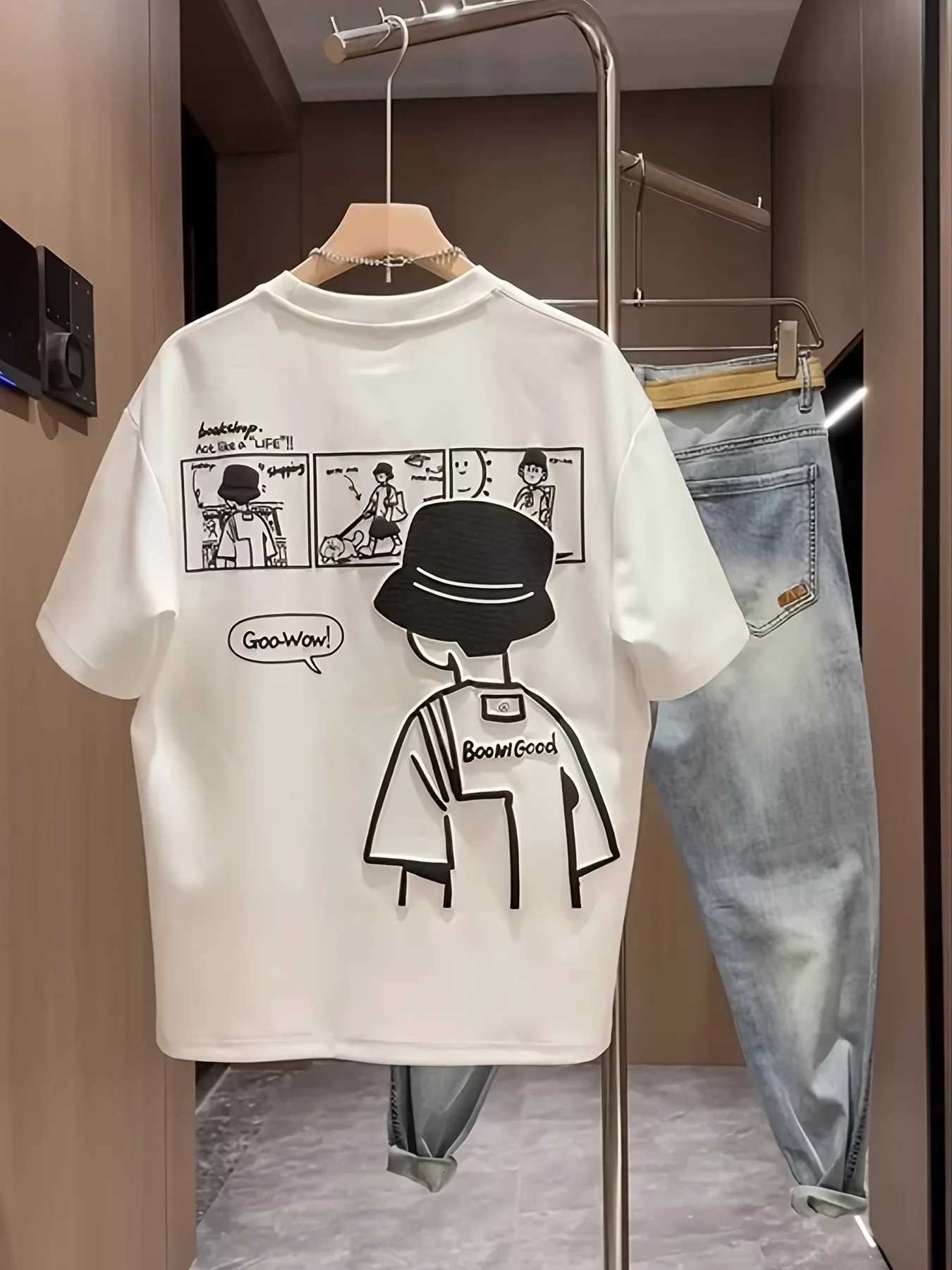 Mens Summer 100% Cotton Fashionable Casual Loose Trendy Pattern Printed Round Neck Short Sleeve T-shirt Top Y250819