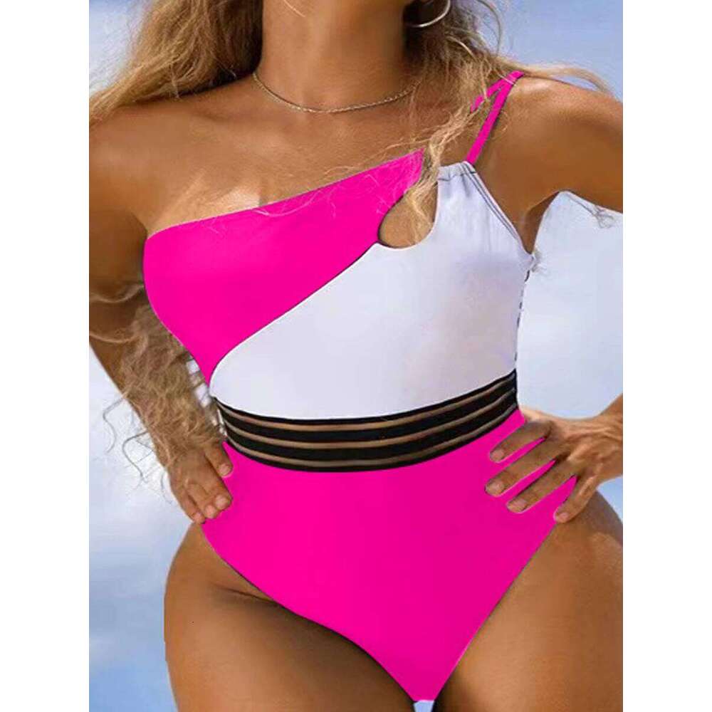 One Shoulder Cut Out Bikini Swimsuit Women Cloth Panel Patchwork Bodysuit Swimwear Female Surfing Sports Bathing Suit Beachwear