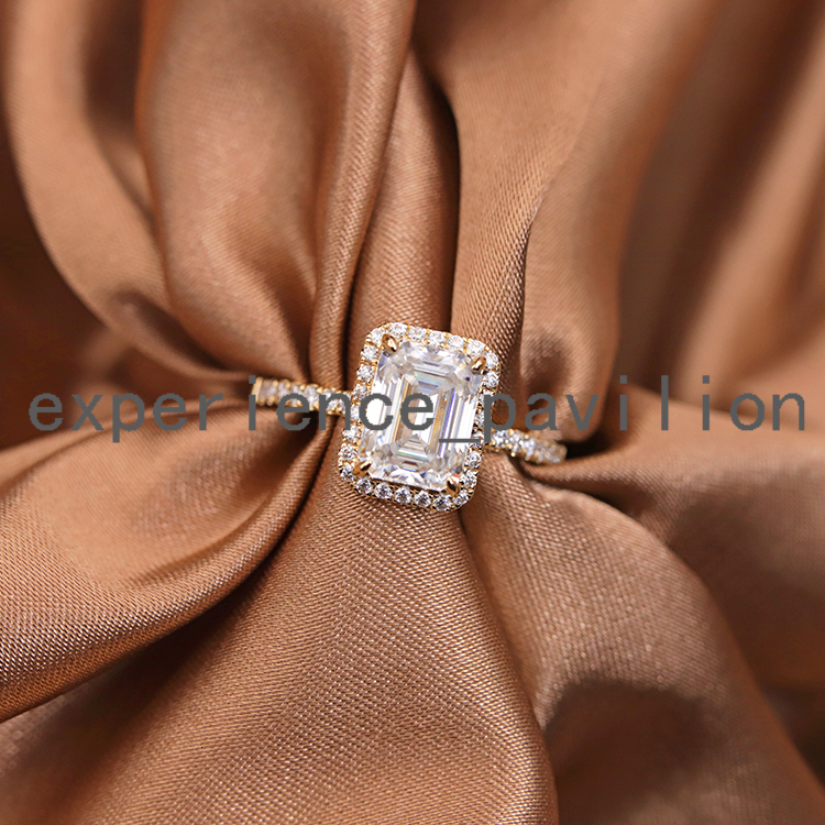 Classic 2ct 6x8mm 14K White Gold Emerald Cut Moissanite Ring With Small Halo Engagement Ring