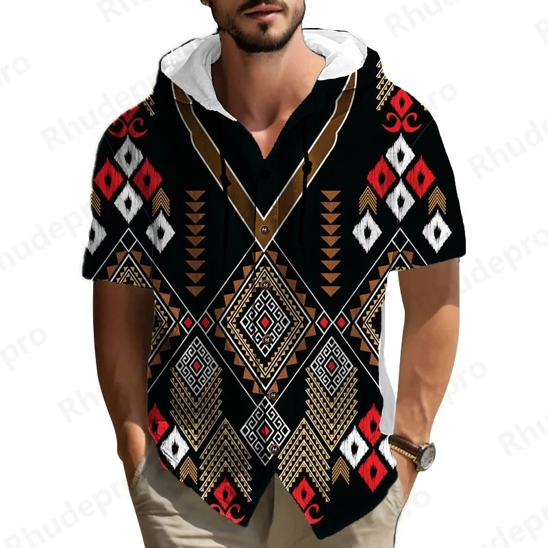 Summer Men 2025 Printed Shirt Streetwear Short Sleeve National Style Hoodie Clothing For Male Casual Loose Button Man Shirts 250808