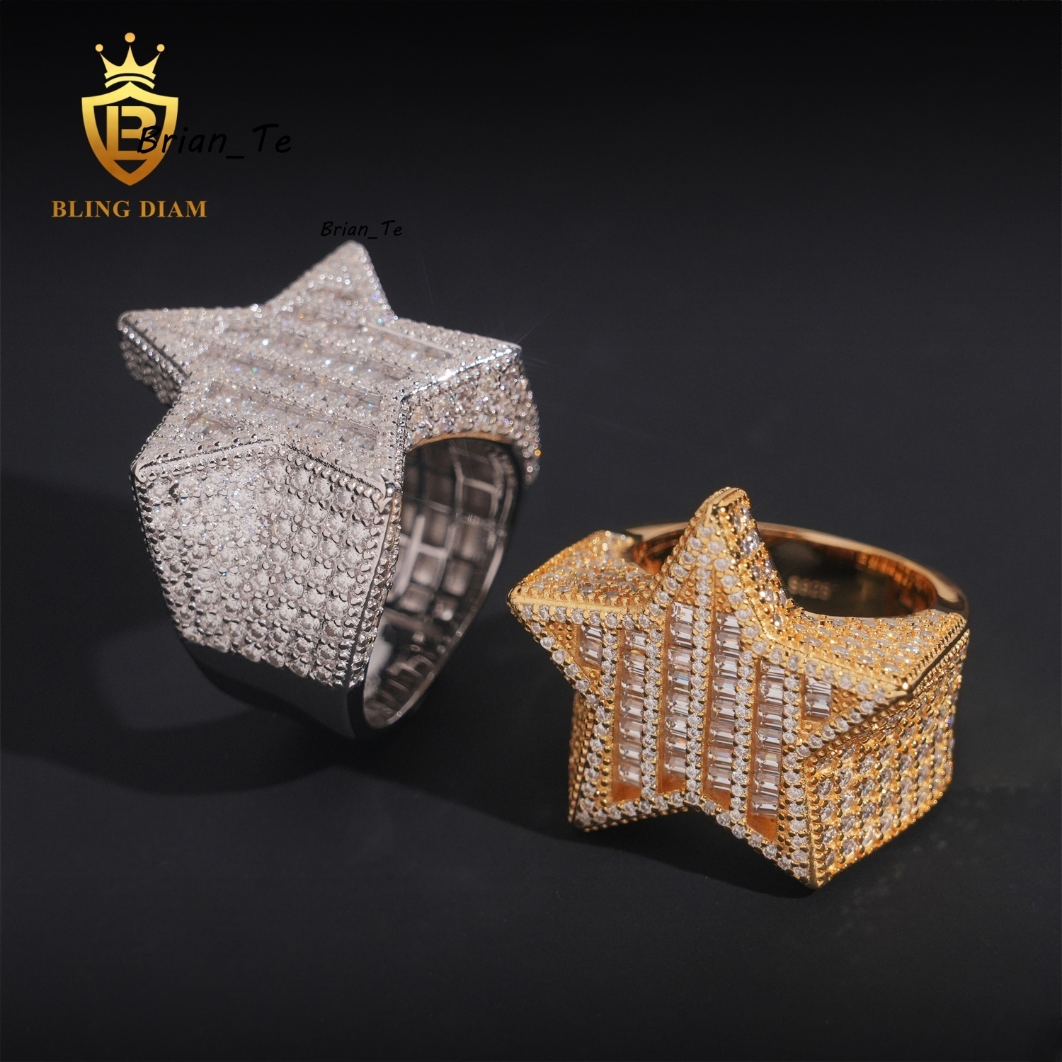 Hot Sale Hip Hop Jewelry 925 Silver Gold-Plated Vvs Moissanite Ice Out Fully Diamond Mens Star Rings With Box