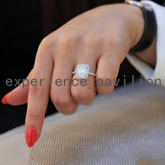 Classic 2ct 6x8mm 14K White Gold Emerald Cut Moissanite Ring With Small Halo Engagement Ring