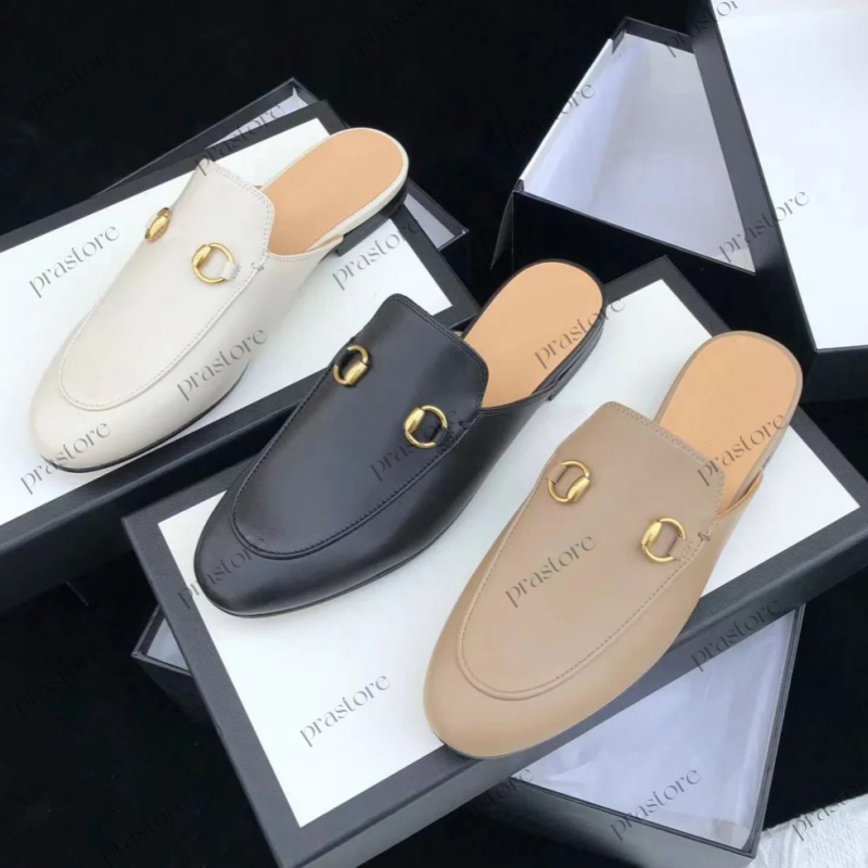 Designer slides loafers slipper real leather Half slippers luxury women men leather sandals canvas flat loafers