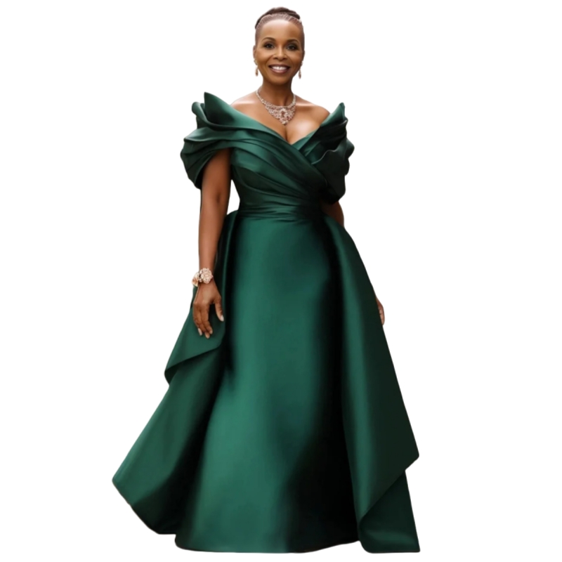 Elegant Green Satin Long Mother Of The Bride Dresses With Detachable Skirt Ruched Sleeves Off Shoulder Wedding Guest Party Gown Custom Made Formal Dre