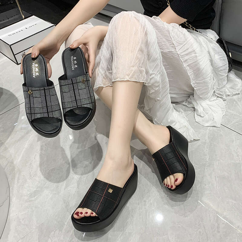 2023 Summer New Korean Fashion Open-Toe High Heel Platform Wedge Thick Sole Slippers