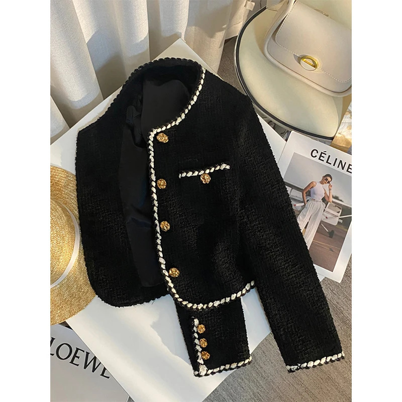 MEXZT Vintage Tweed Jacket Women Elegant Cropped Quilted Coat Commute Black Blazer Winter Ladies Korean Short Outerwear Tops 250815