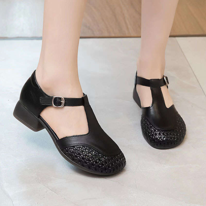 4.0cm French Hollow Woven Mid-Heel Sandals Women, Genuine Leather, Casual Lazy Mules for Moms