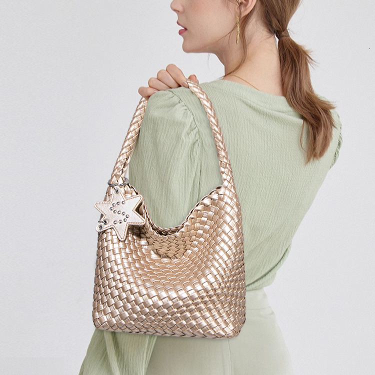 Free Shipping Designer's New High-end Versatile Champagne Gold Woven Tote Bag Women's Large Capacity Commuting Bucket Bag Hand-held Shoulder