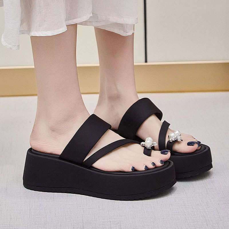 2025 Summer New Pearl Toe Thick Sole Versatile Comfortable Korean Style Outdoor Wedge Sandals for Women